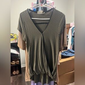 Maeve Black and Tan Striped V-Neck Blouse